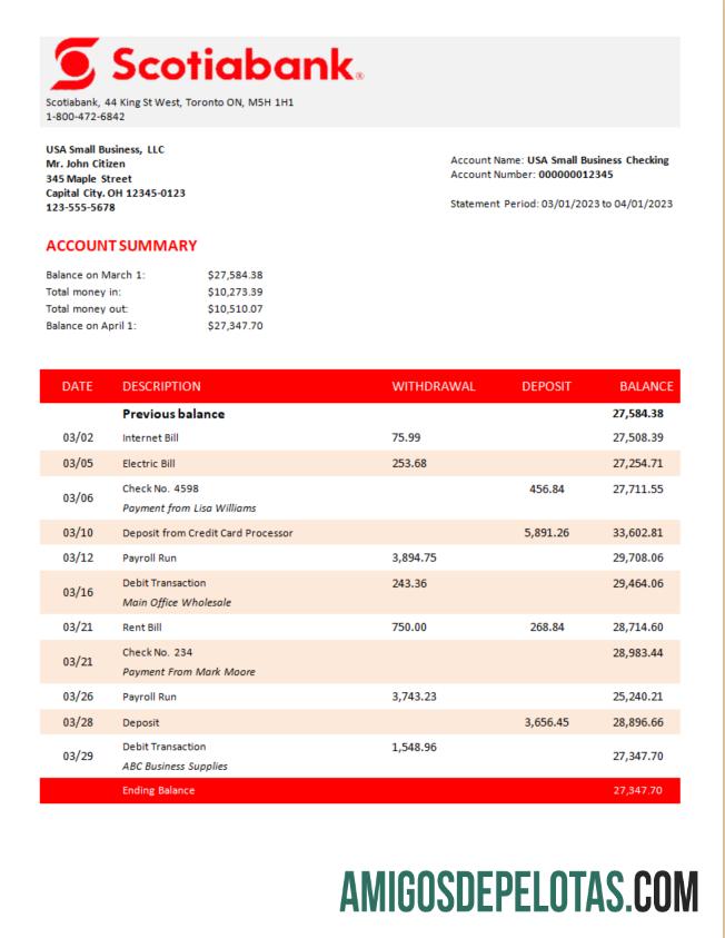 Imprimível Scotiabank Bank Organization Statement modelo Word e PDF